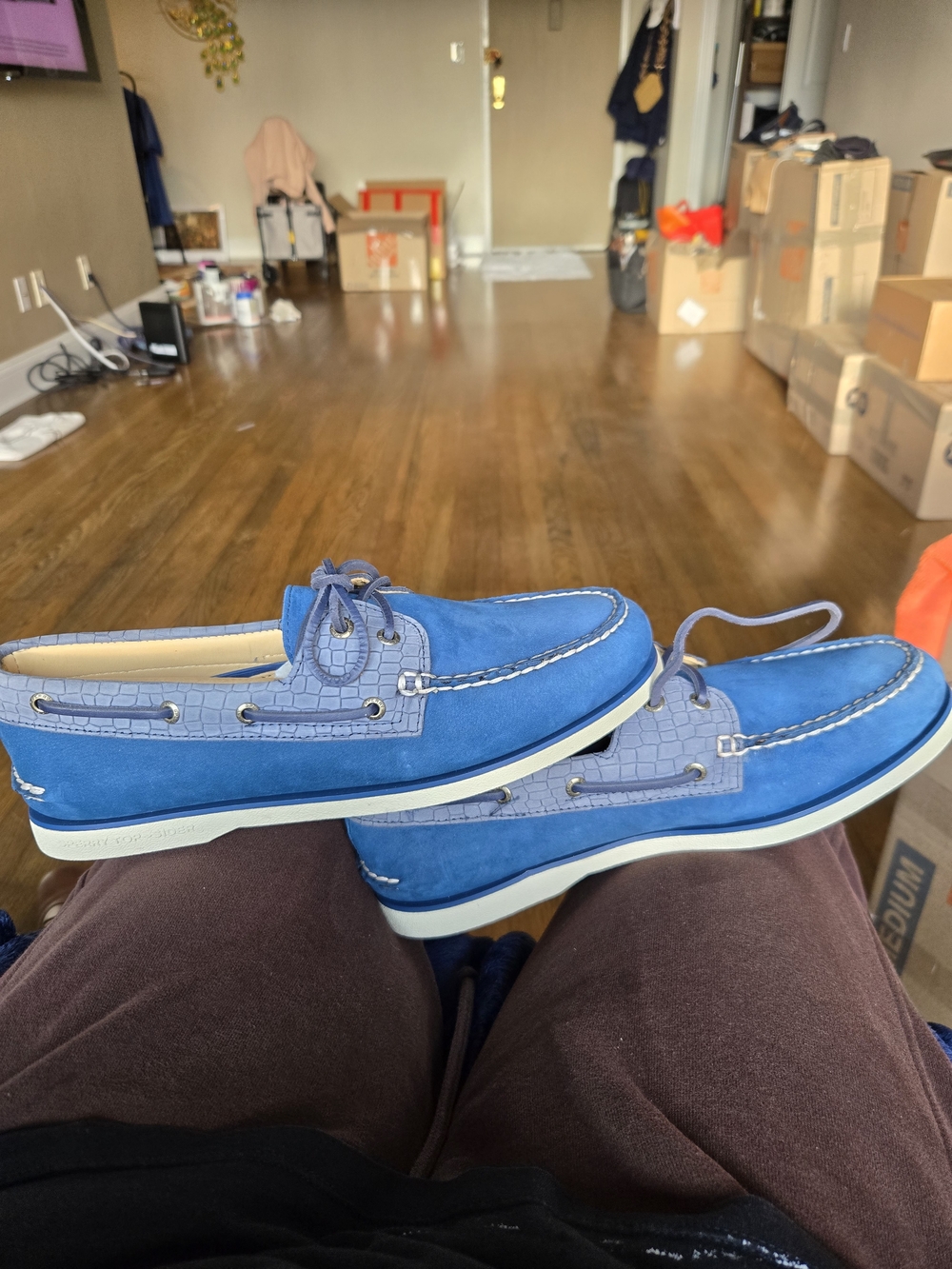Sperry Men's Bright Blue Suede Boat Shoes with Croc-Embossed Trim